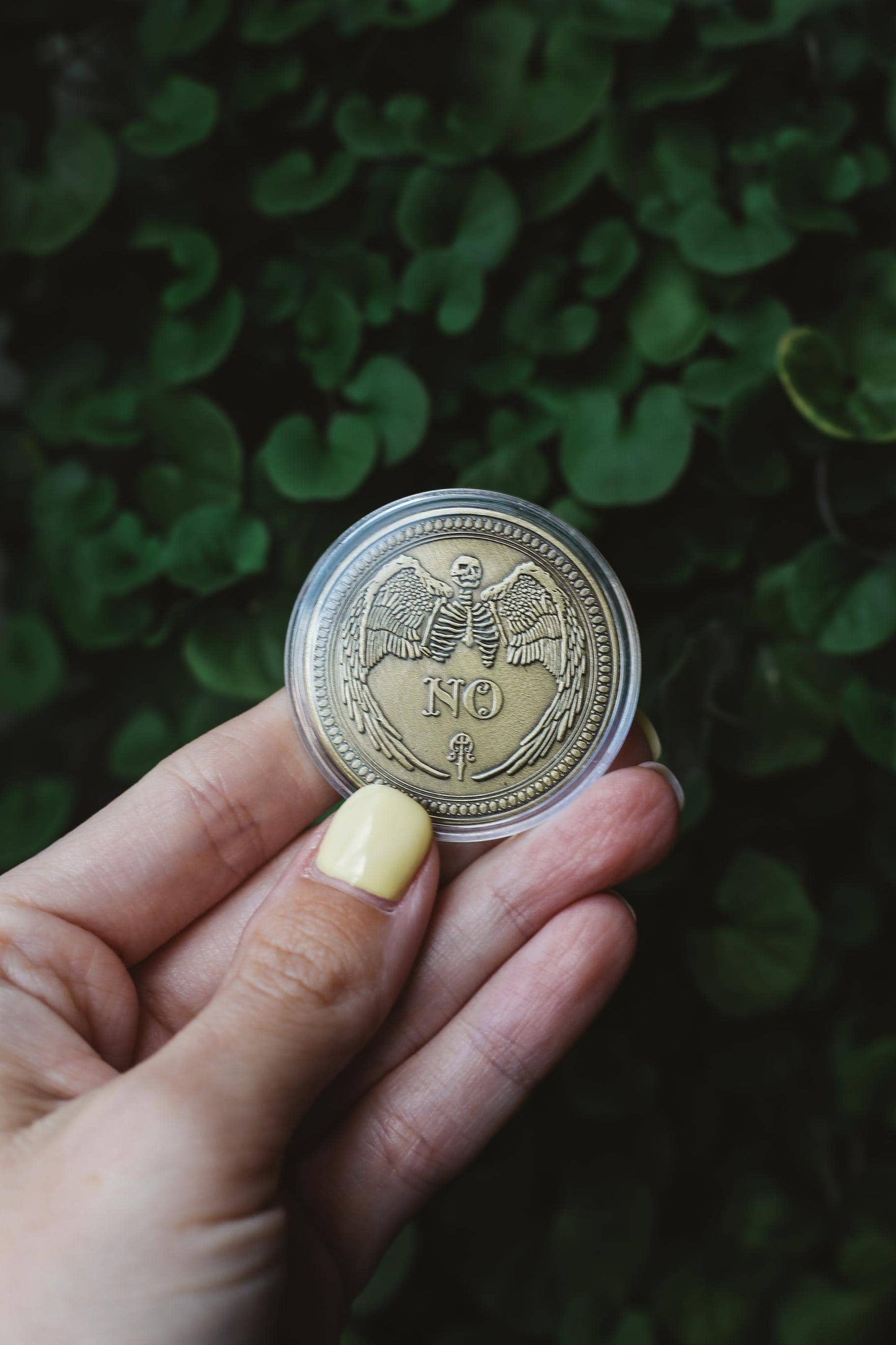 Hand holding a fortune coin featuring winged skeleton with a blurred green leafy background