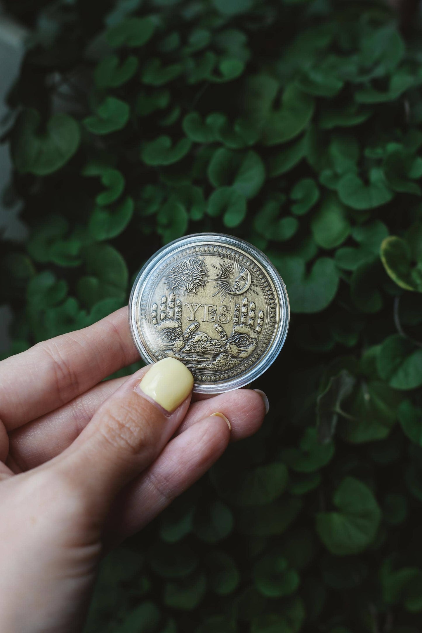 Hand holding a brass coin with intricate mystical design against a green leafy background