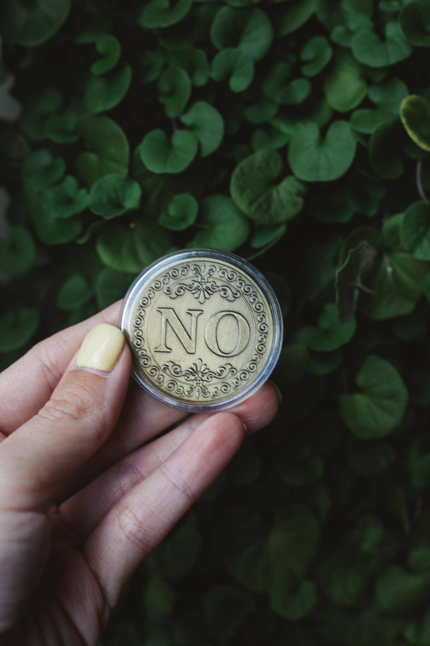 Hand holding a coin with 'NO' on it against a green leafy background