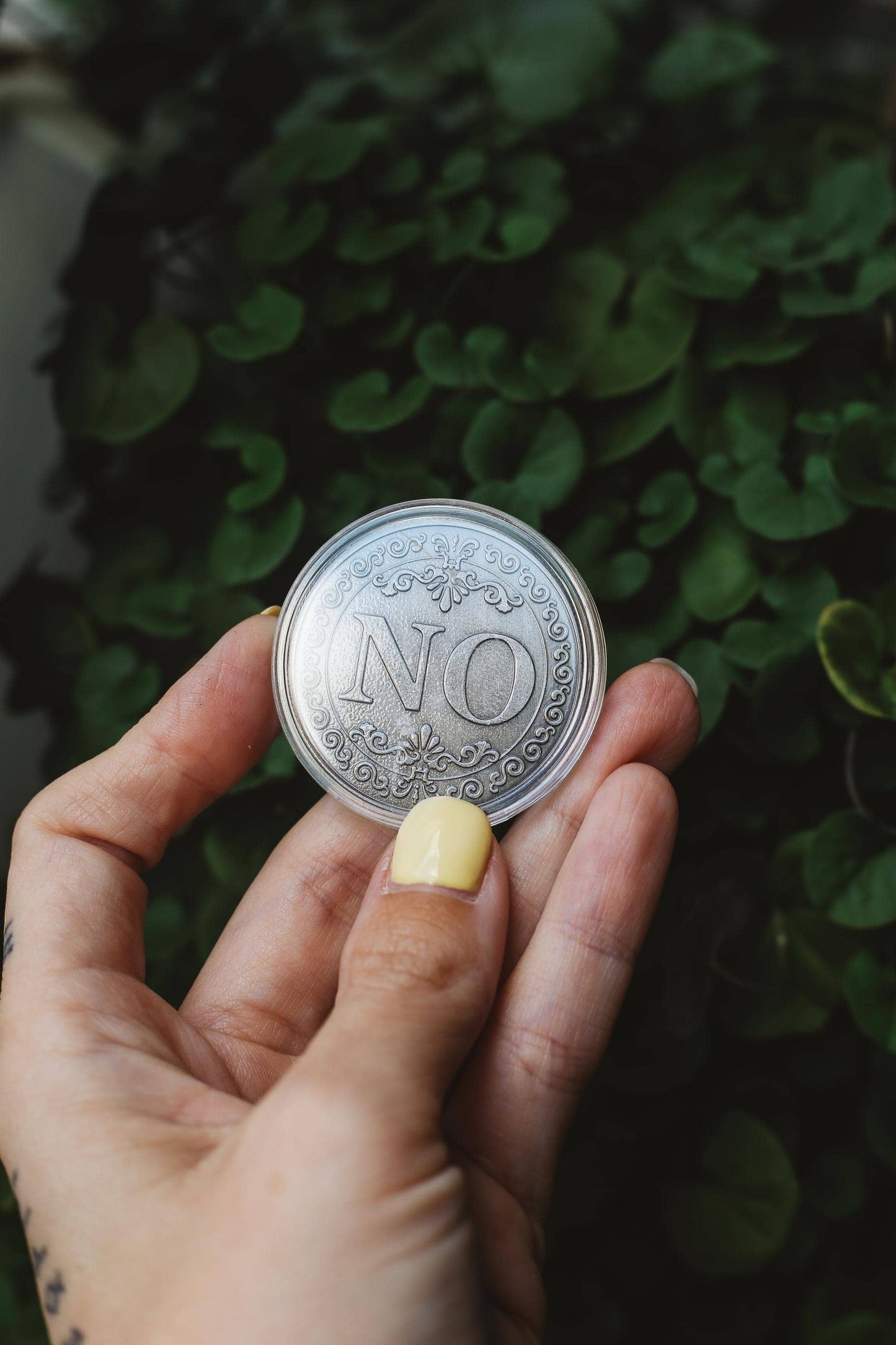 Hand holding a coin with 'NO' embossed against a green leafy background