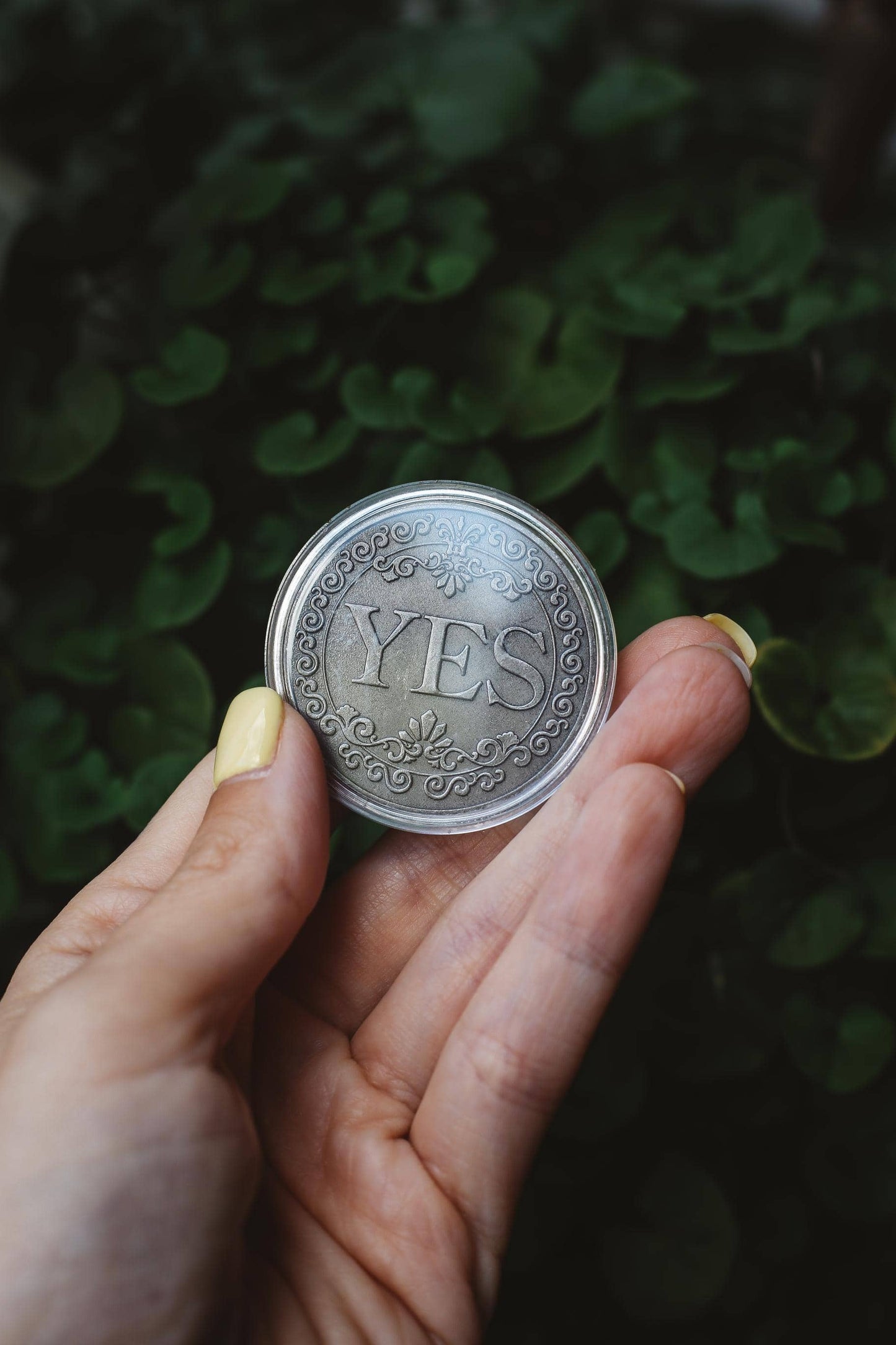 Hand holding a silver coin with 'YES' engraved on it against a green leafy background