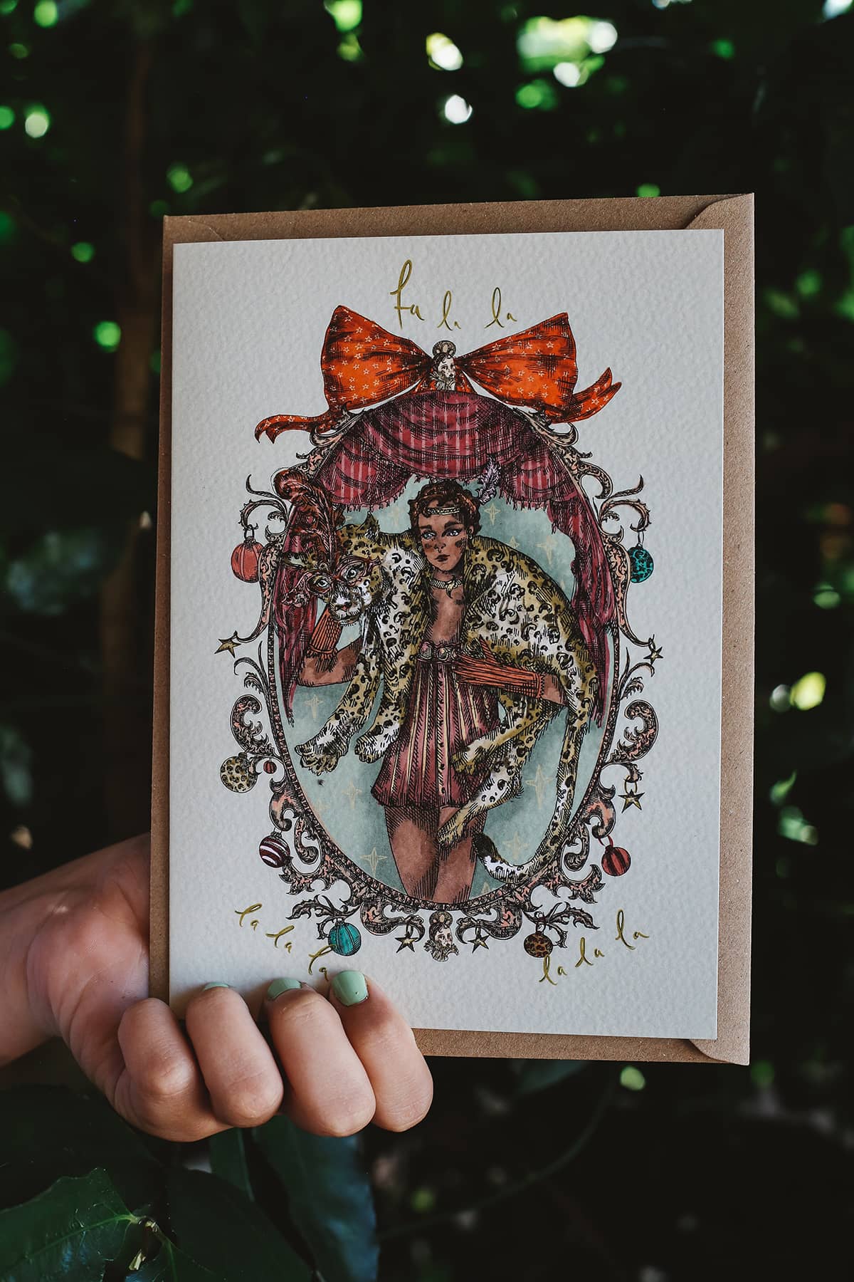 Gisela Greeting Card in "Aphrodite's Boudoir" featuring an intricate illustration of a lady with a leopard draped around her shoulders in a round boudoir mirror