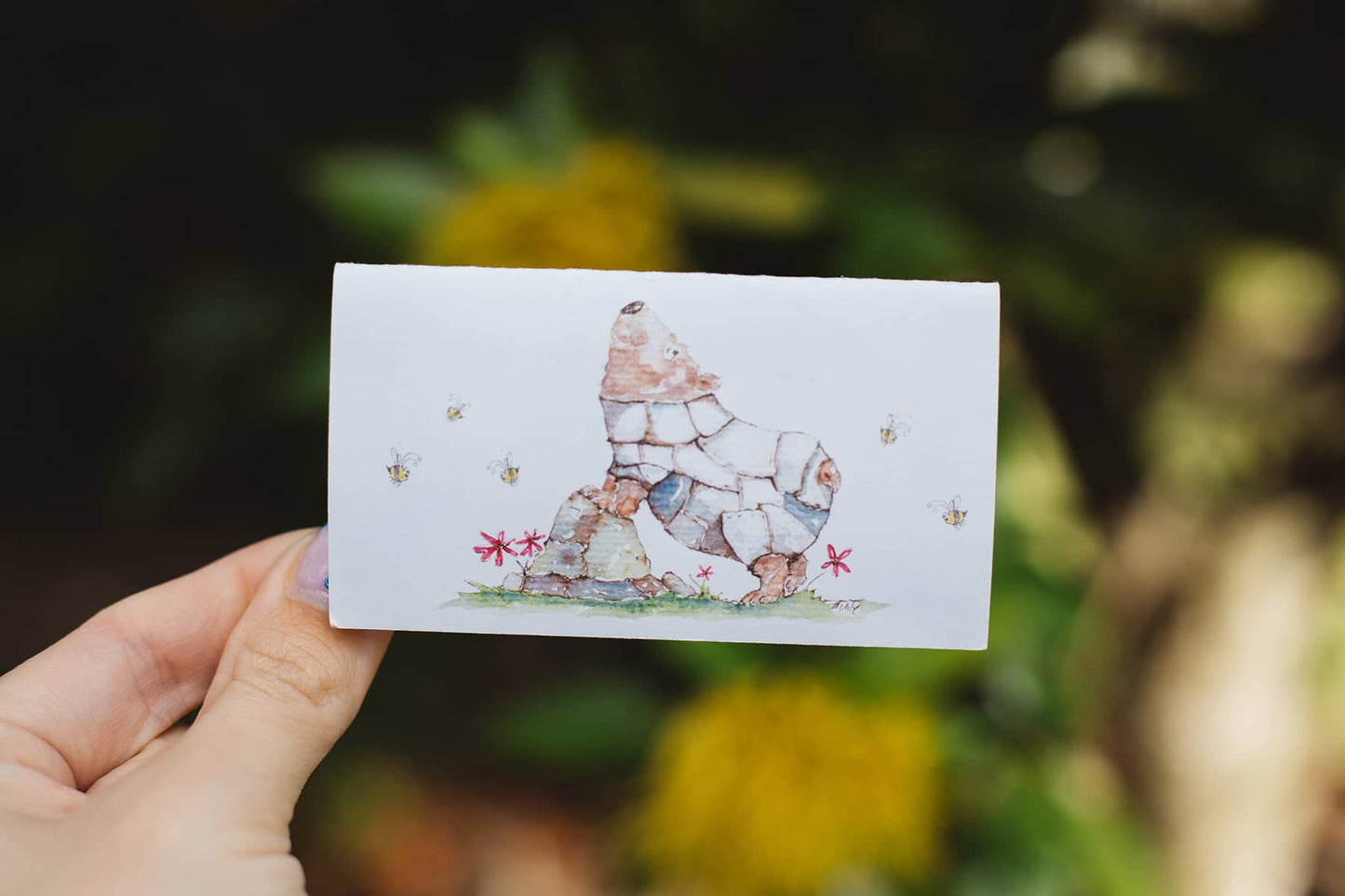 Àine & Co. small gift tag by Australian Artist, Heather Dale, featuring an illustrated wombat surrounded by bees