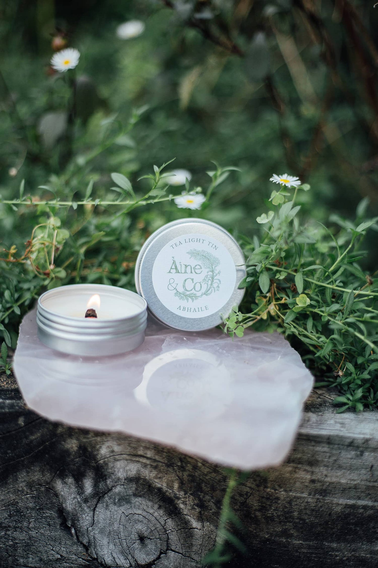 Àine & Co. Tea Light Tin with a wooden wick in scent Abhaile