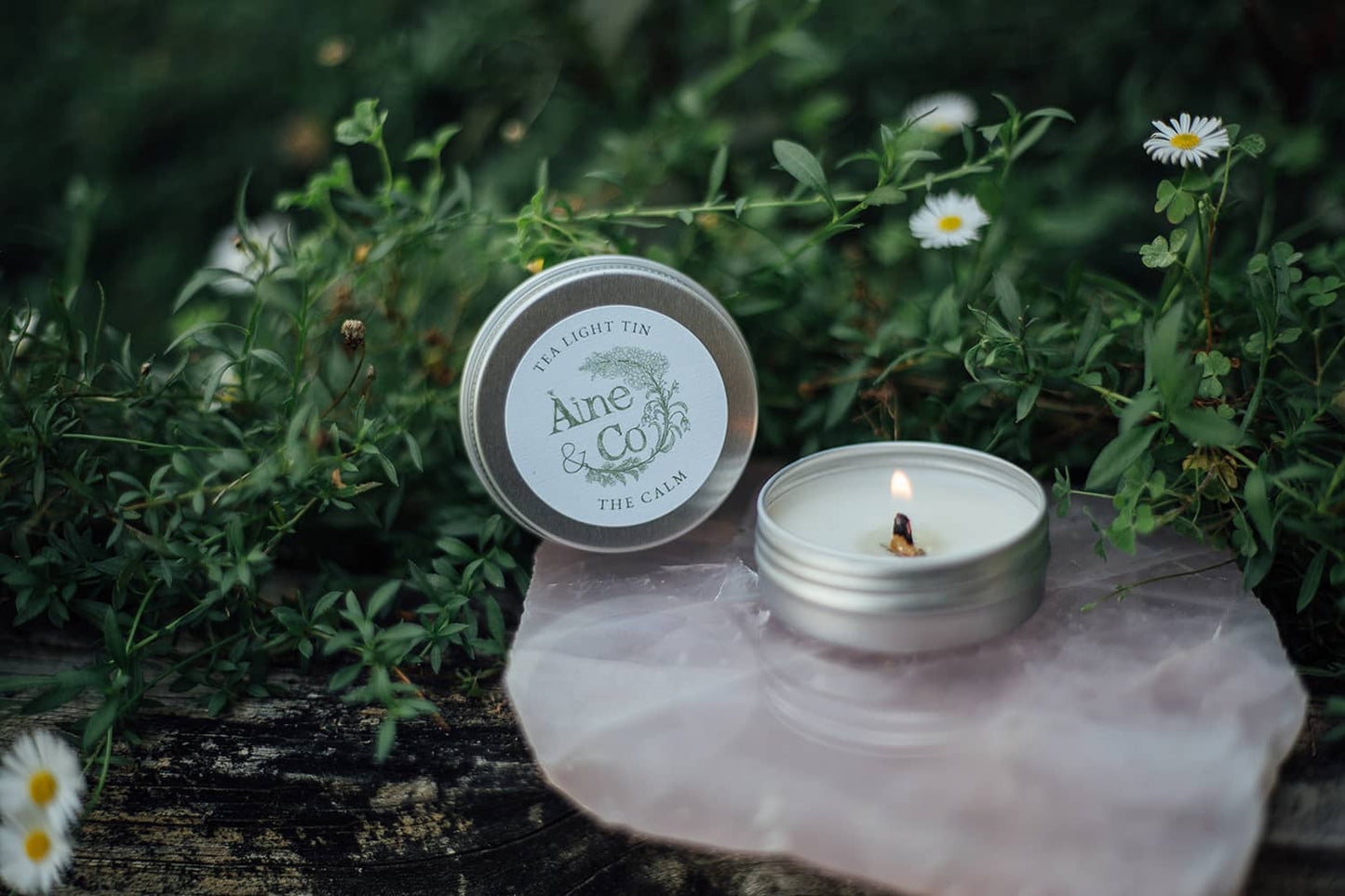 Àine & Co. Tea Light Tin with a wooden wick in scent The Calm
