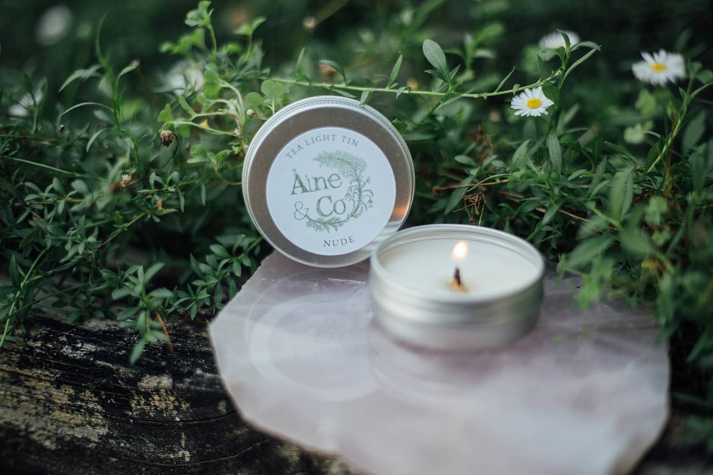 Àine & Co. Tea Light Tin with a wooden wick in scent Nude