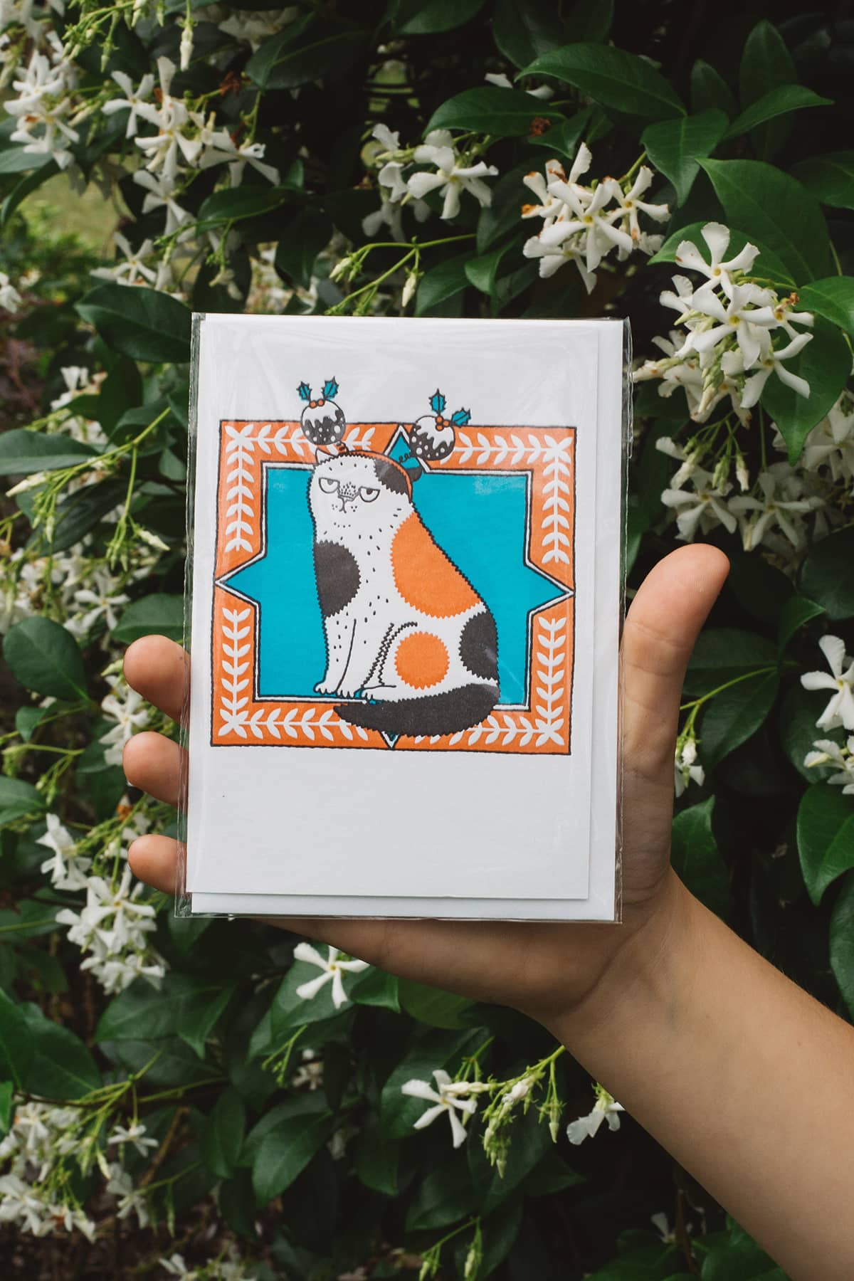 Àine & Co. Archivist greeting card featuring cat wearing Christmas pudding headband