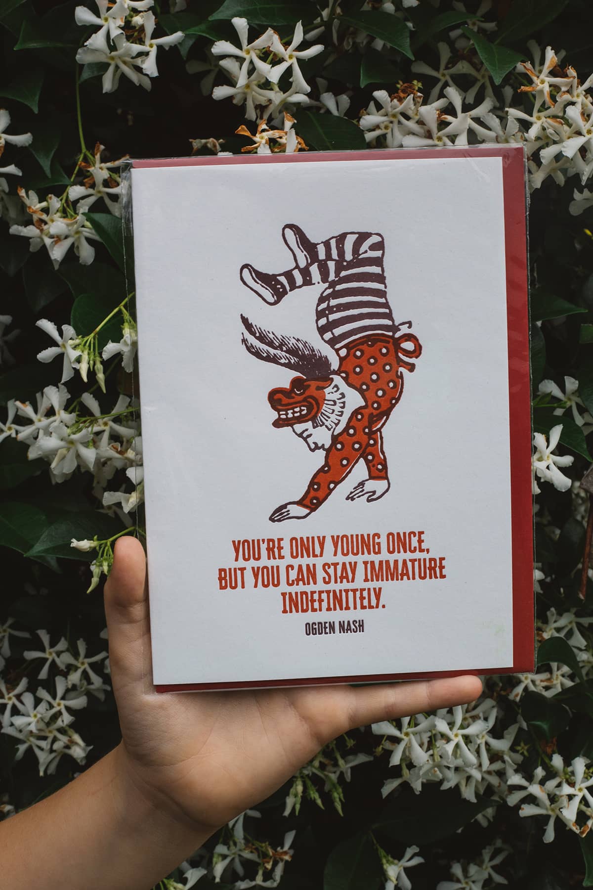 Àine & Co. Archivist greeting card featuring illustrated animal doing handstand and text "You're only young once, but you can stay immature indefinitely. Ogden Nash"