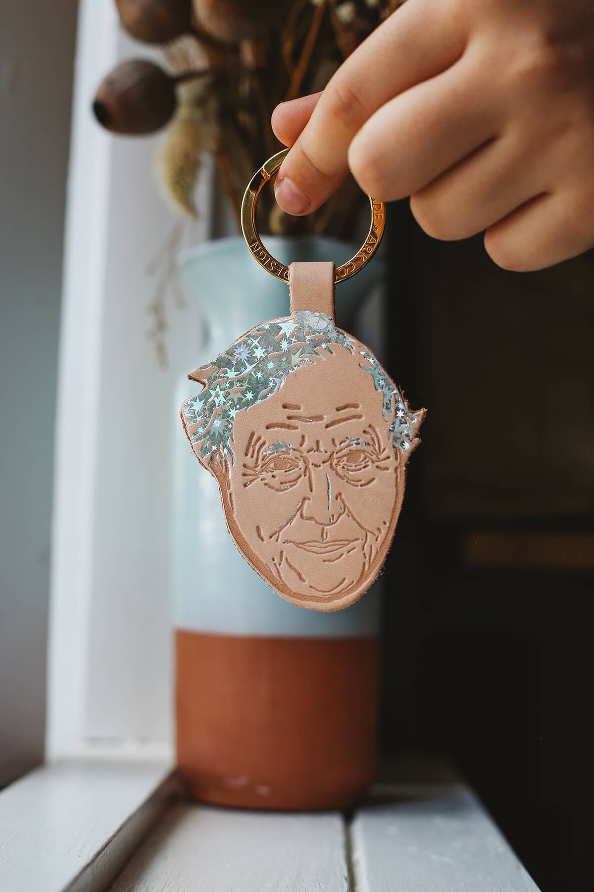 Àine & Co. Ark Colour Design Keyring in "David Attenborough", featuring leather with illustrated David Attenborough design and gold hardware