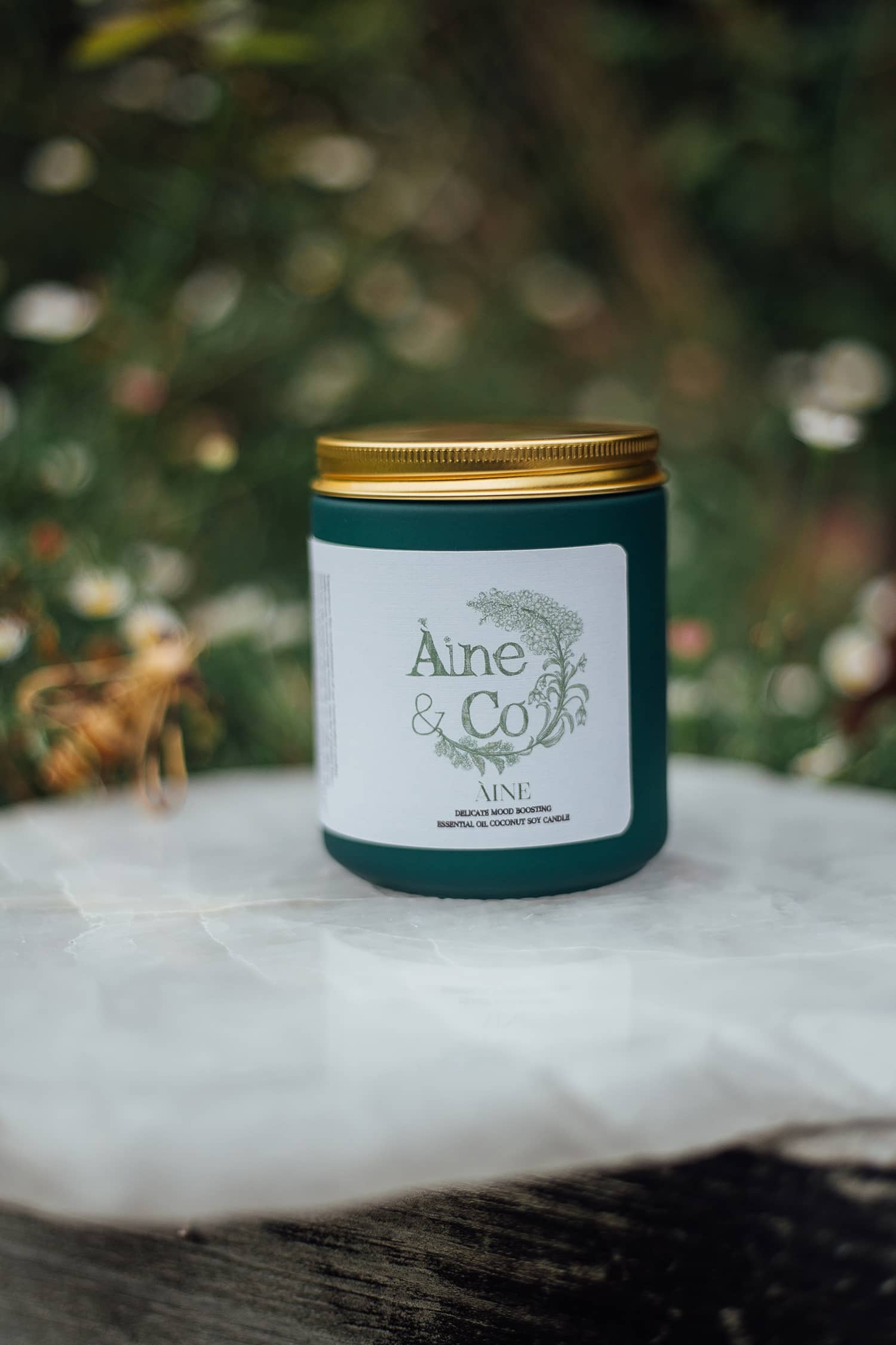 Àine & Co. Candle Jar in Àine, packaged in a green jar with a gold lid. 
