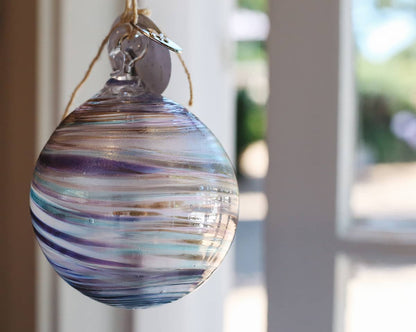 Àine & Co. Faerie Glass Bauble in style "F", featuring cool-toned purple, turquoise and gold glass swirl design