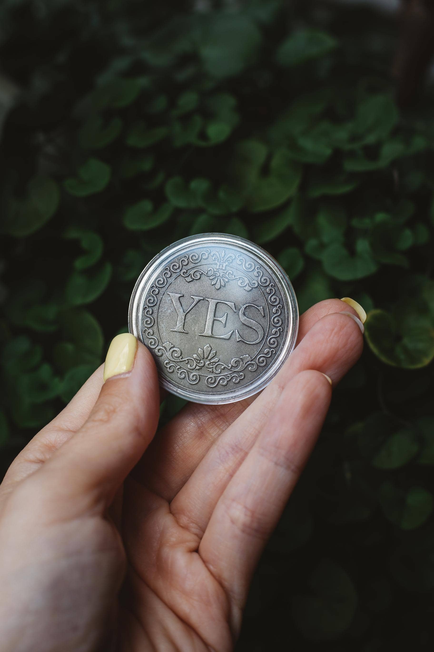 Hand holding a silver coin with 'YES' engraved on it against a green leafy background