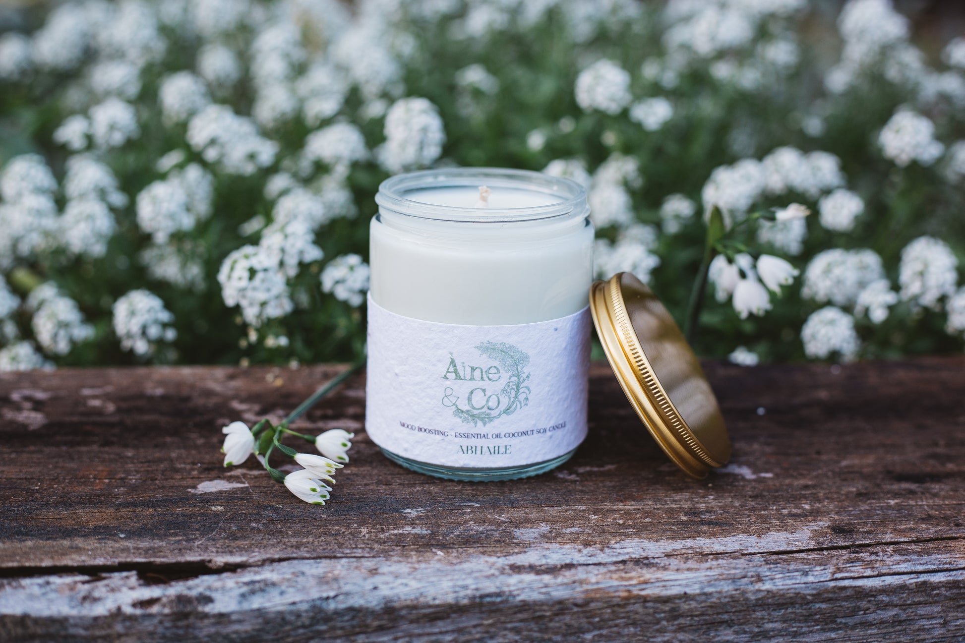 Áine & Co. glass candle jar in Abhaile packaged in a clear jar and gold lid