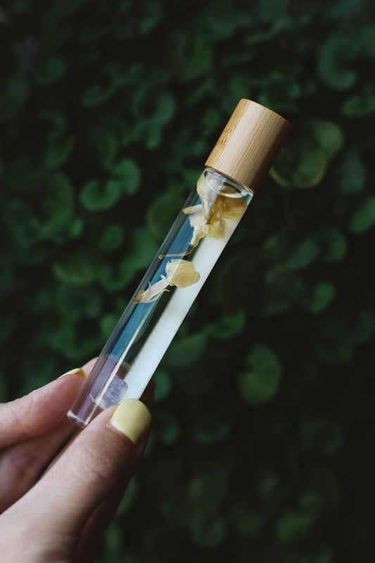 Clear glass vial with wooden cap containing a small plant held by a hand against a blurred green background