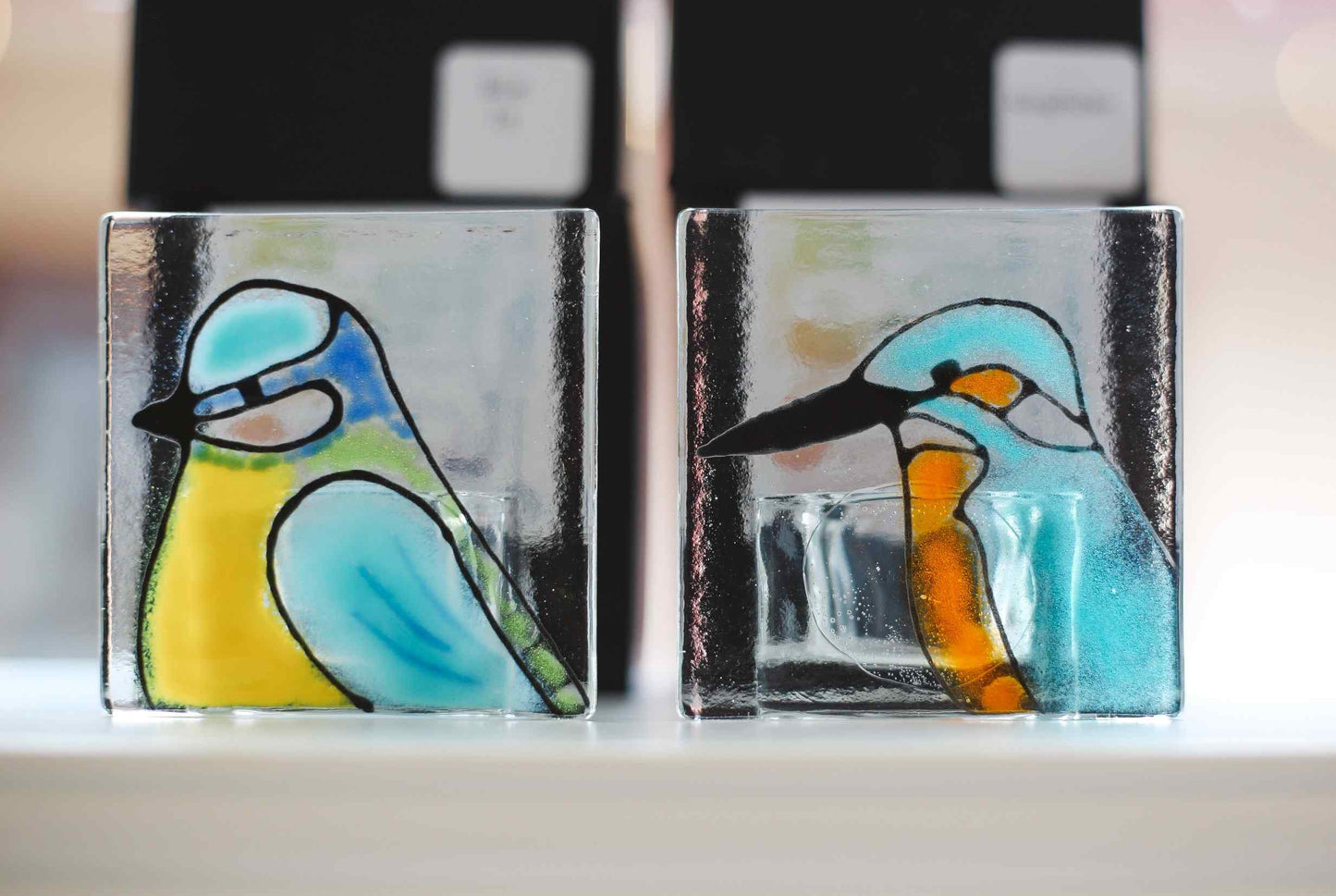 Two square glass blocks featuring painted birds, one showing a bluebird in yellow and blue, and the other showing a kingfisher in blue and orange, displayed on a white surface.