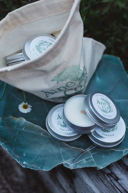 Àine & Co. Scent Sample Bag including Tea Light Tins of all scents packaged in a branded calico bag