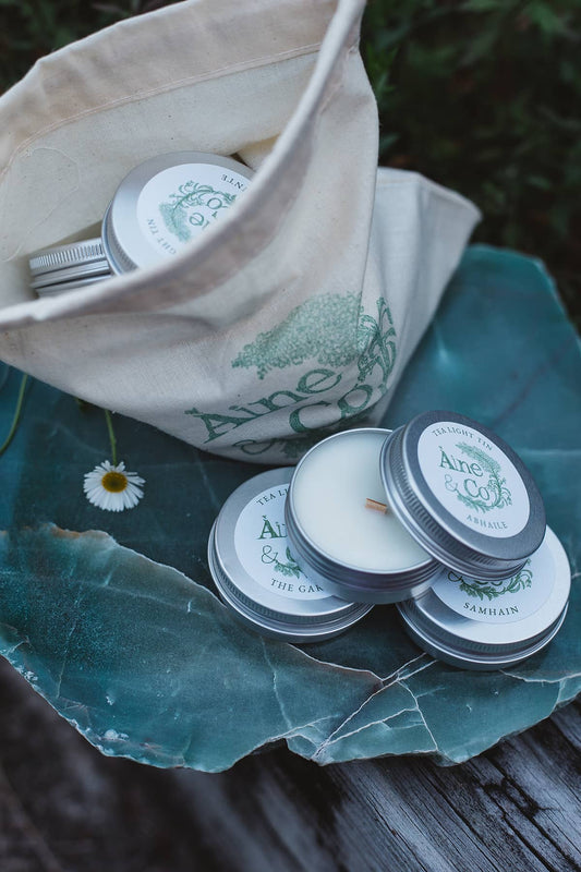 Àine & Co. Scent Sample Bag including Tea Light Tins of all scents packaged in a branded calico bag