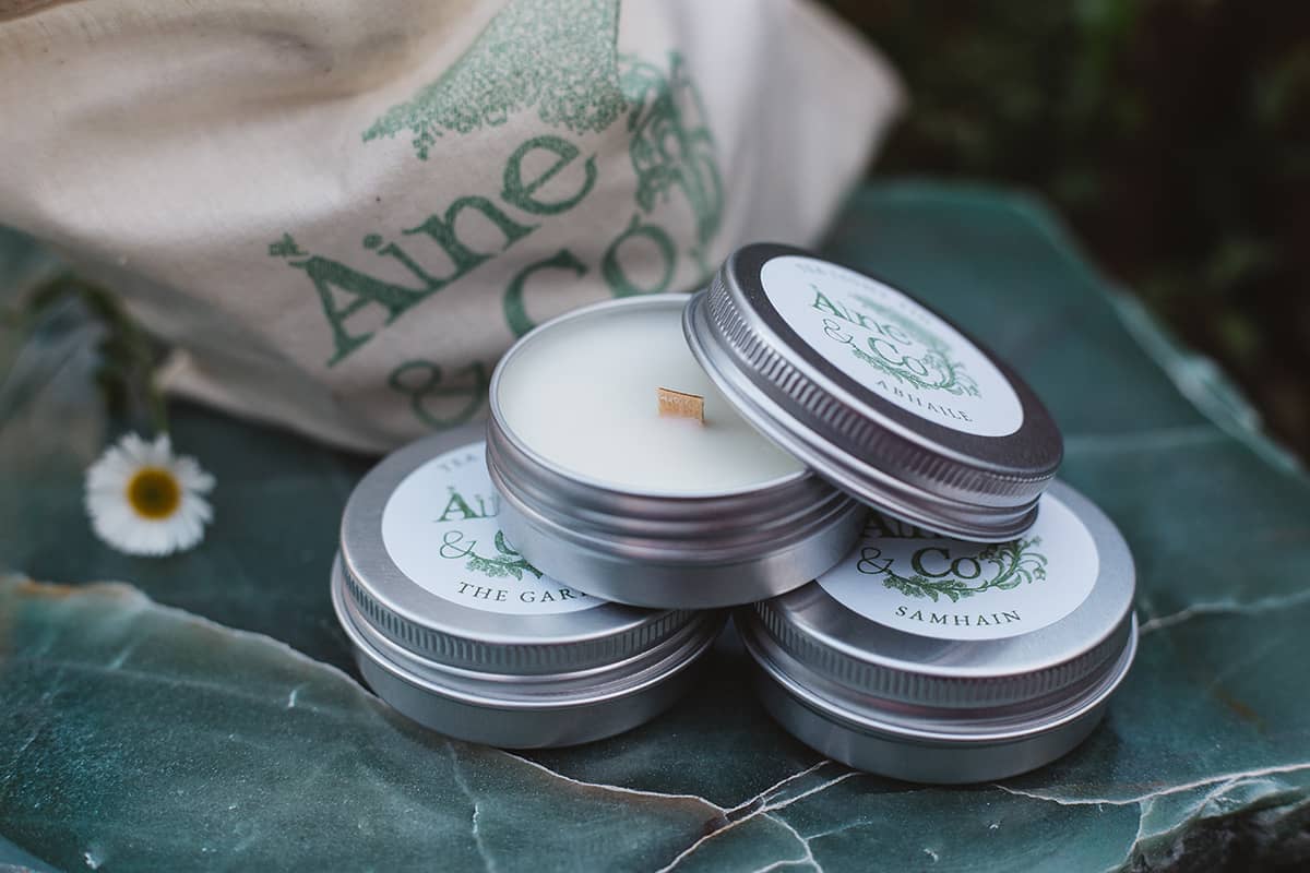 Àine & Co. Scent Sample Bag including Tea Light Tins of all scents packaged in a branded calico bag