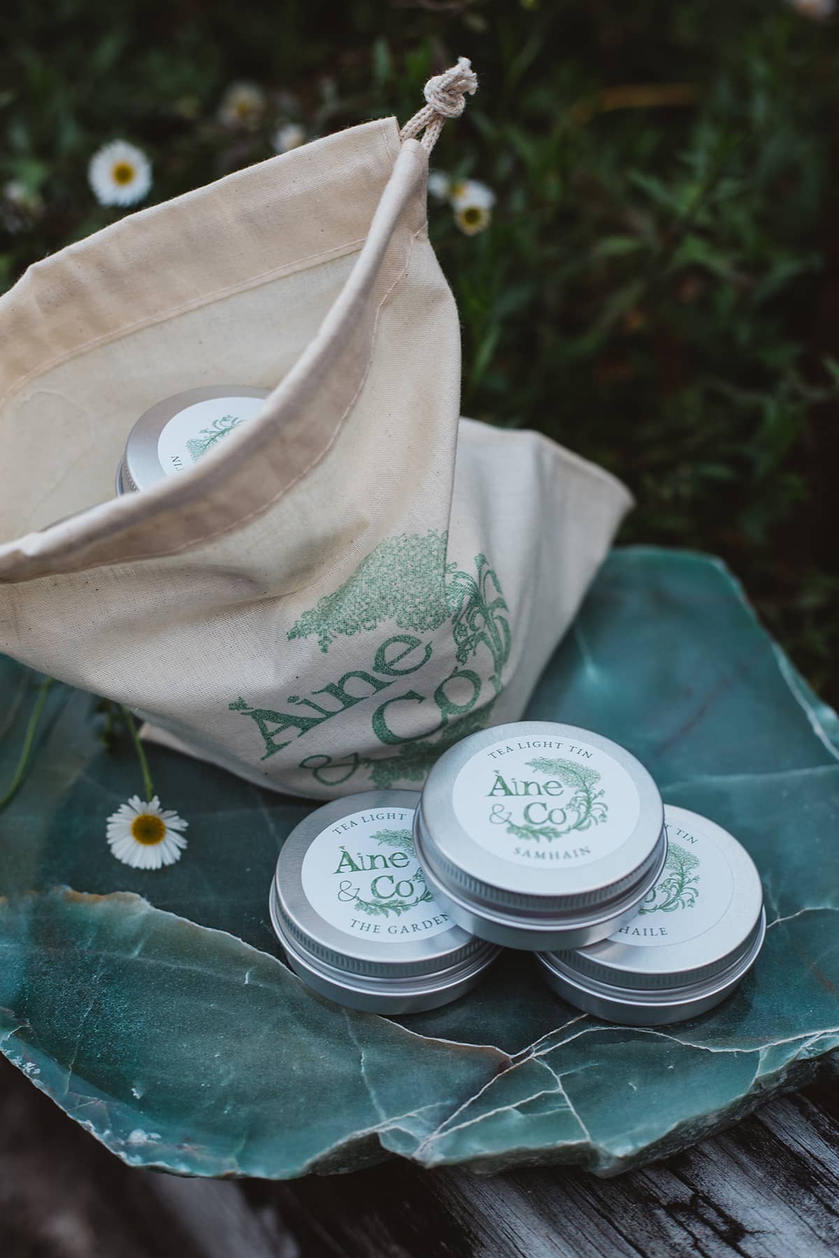 Àine & Co. Scent Sample Bag including Tea Light Tins of all scents packaged in a branded calico bag