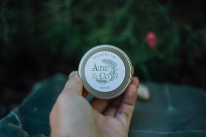 Àine & Co. Tea Light Tin lid showing Àine & Co. label