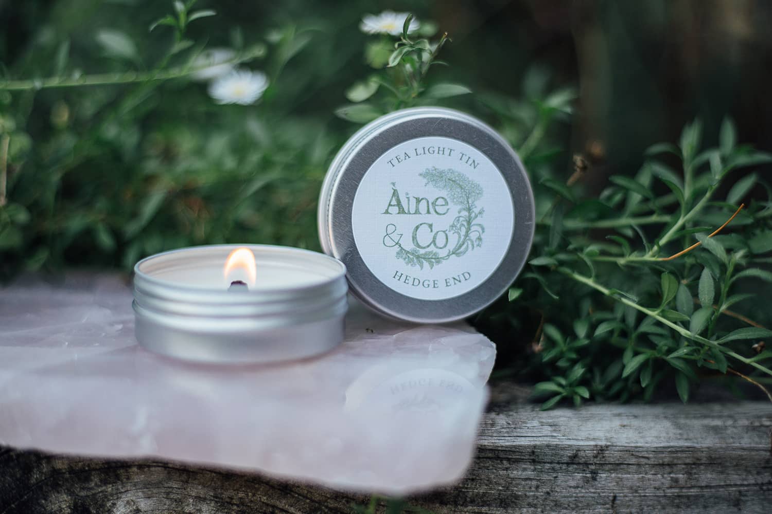 Àine & Co. Tea Light Tin with a wooden wick in scent Hedge End