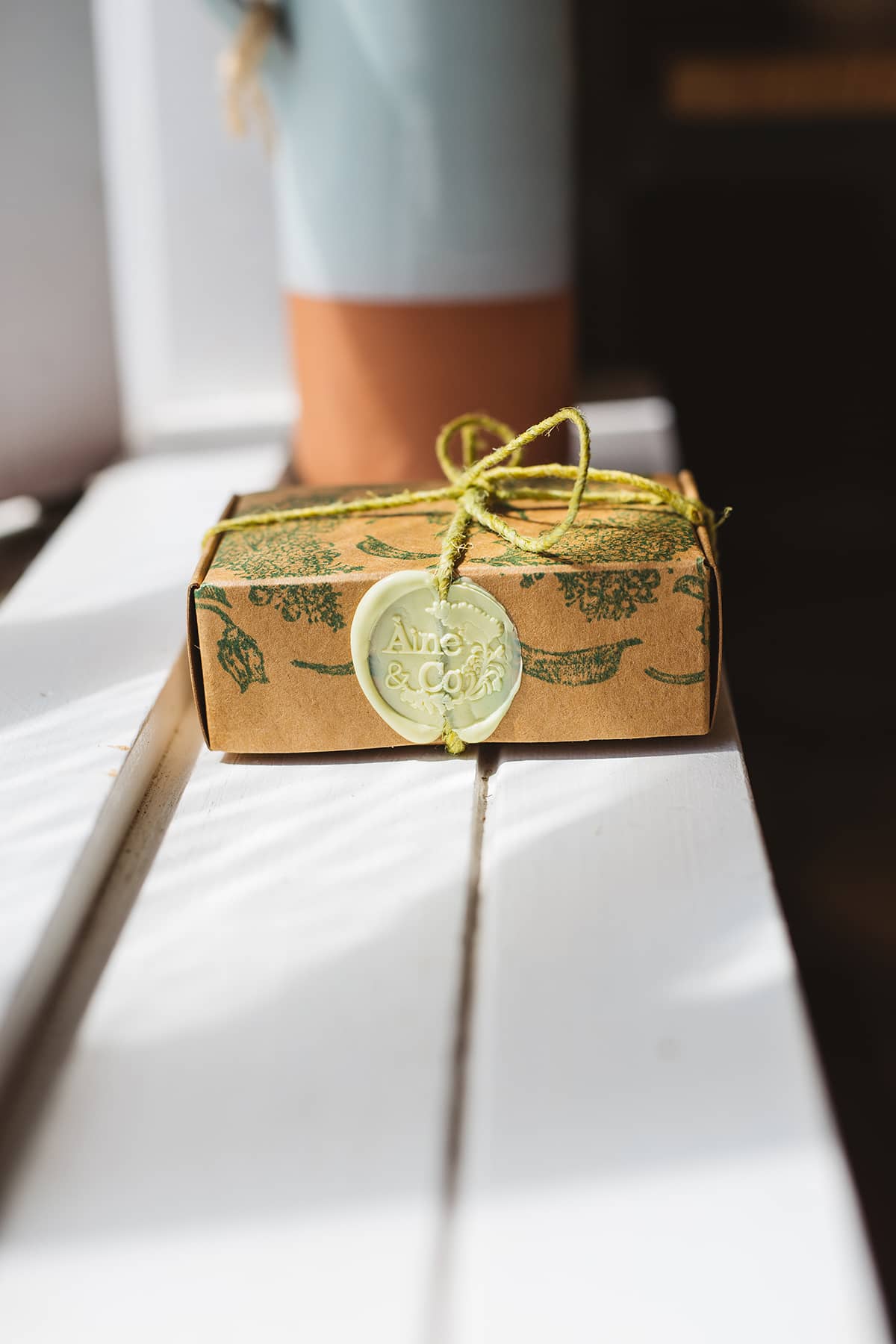 Àine & Co. small wax melt box in The Garden, packaged in illustrated paper box, wrapped in string, sealed with pastel yellow logo wax seal