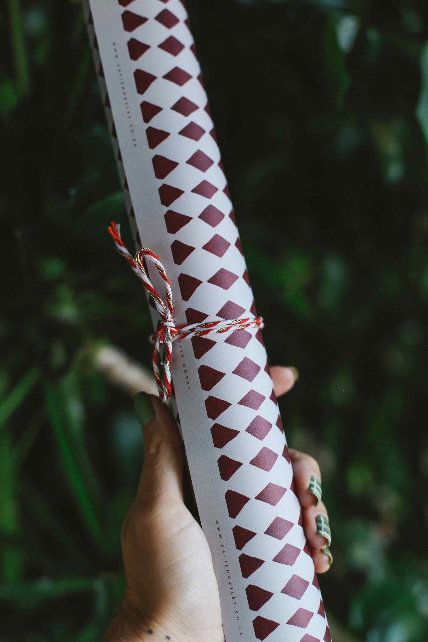 White stick with red diamond pattern held by a hand against a blurred green background